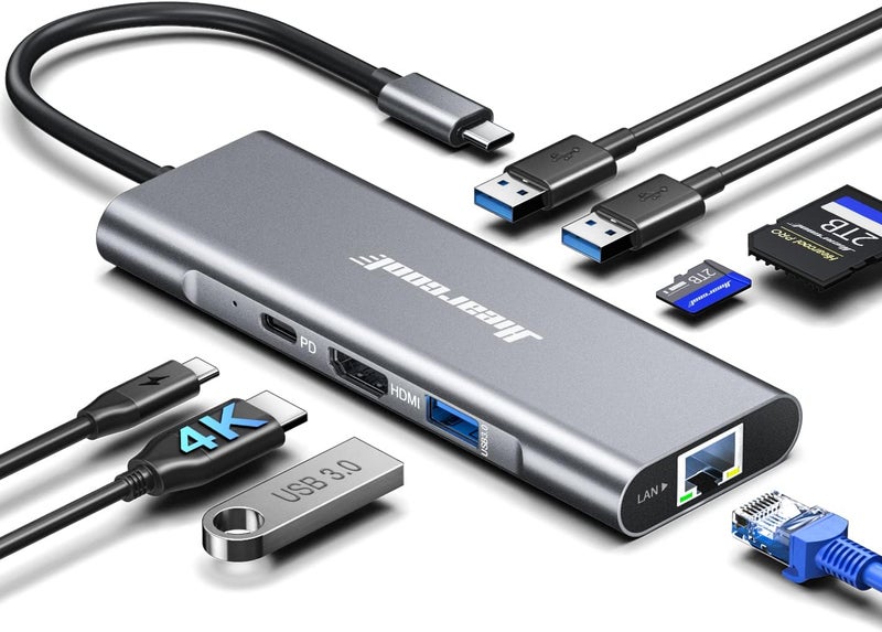 Hiearcool محور USB C إيثرنت 8 في 1، محول متعدد المنافذ USB-C إلى HDMI بدقة 4K@60Hz مع RJ45 بسرعة 1Gbps، شحن PD بقوة 100W، 3 منافذ USB 3.0، SD/TF، متوافق مع MacBook Pro/Air، Dell، Lenovo لابتوبات - Image 1